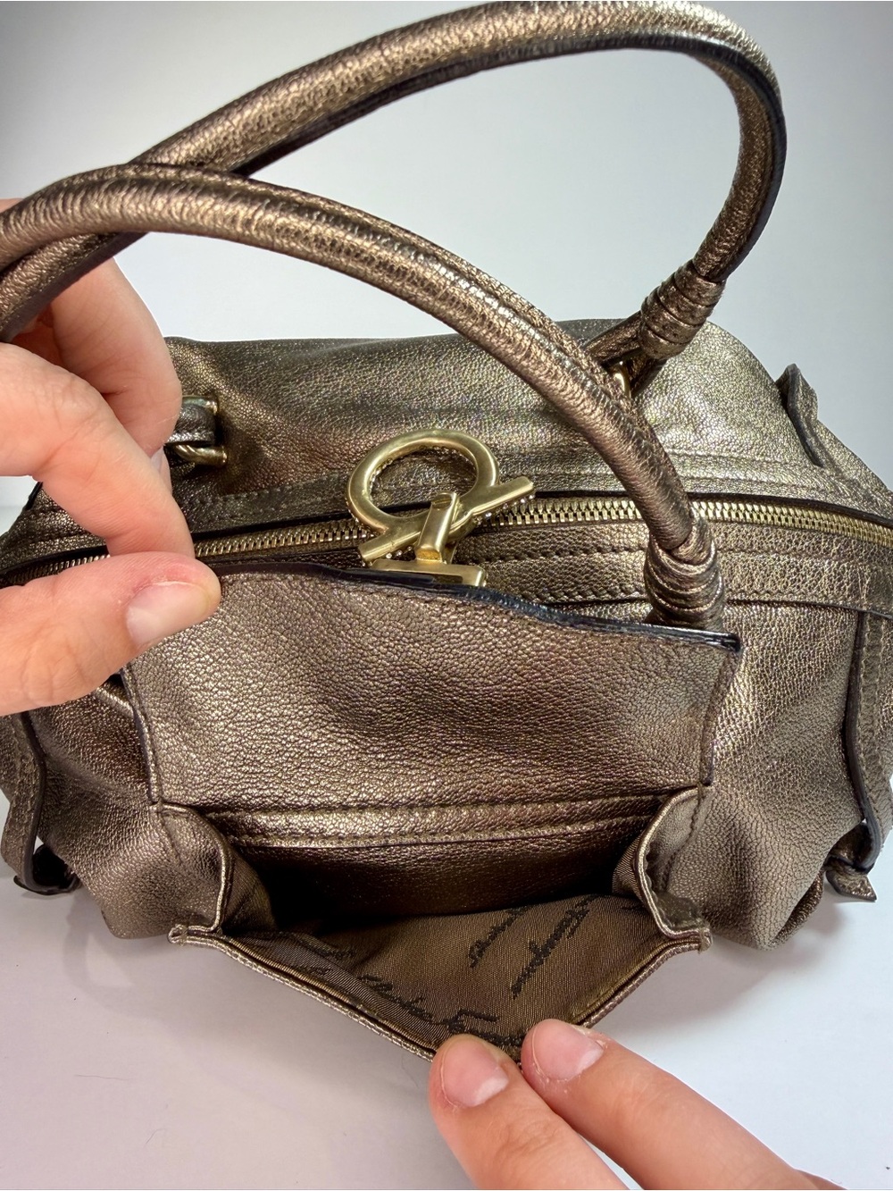 Salvatore Ferragamo Metallic Leather Crystal Gancini Satchel Bag Bronze Gold - Picture 9 of 11